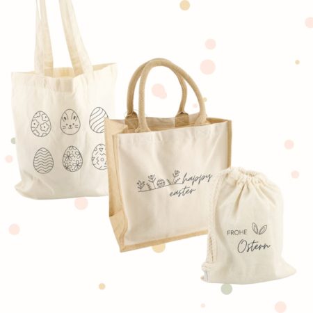 Mit Ostermotiven bedruckte Baumwolltaschen