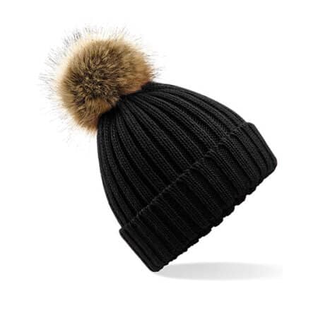 Beechfield Fur Pom Pom Chunky Beanie Black