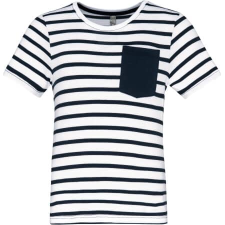 Kariban Gestreiftes Kurzarm-T-Shirt mit Tasche für Kinder im Marine-Stil 