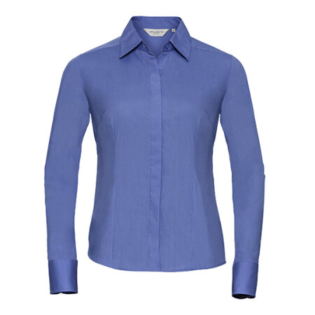 Russell Ladies` Long Sleeve Polycotton Fitted Poplin Shirt Corporate Blue